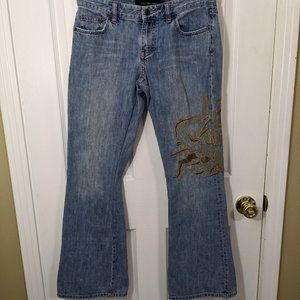Calvin Klein Jeans Asian Embroidery Distressed Low Rise Flare Leg - size 2 - 28W